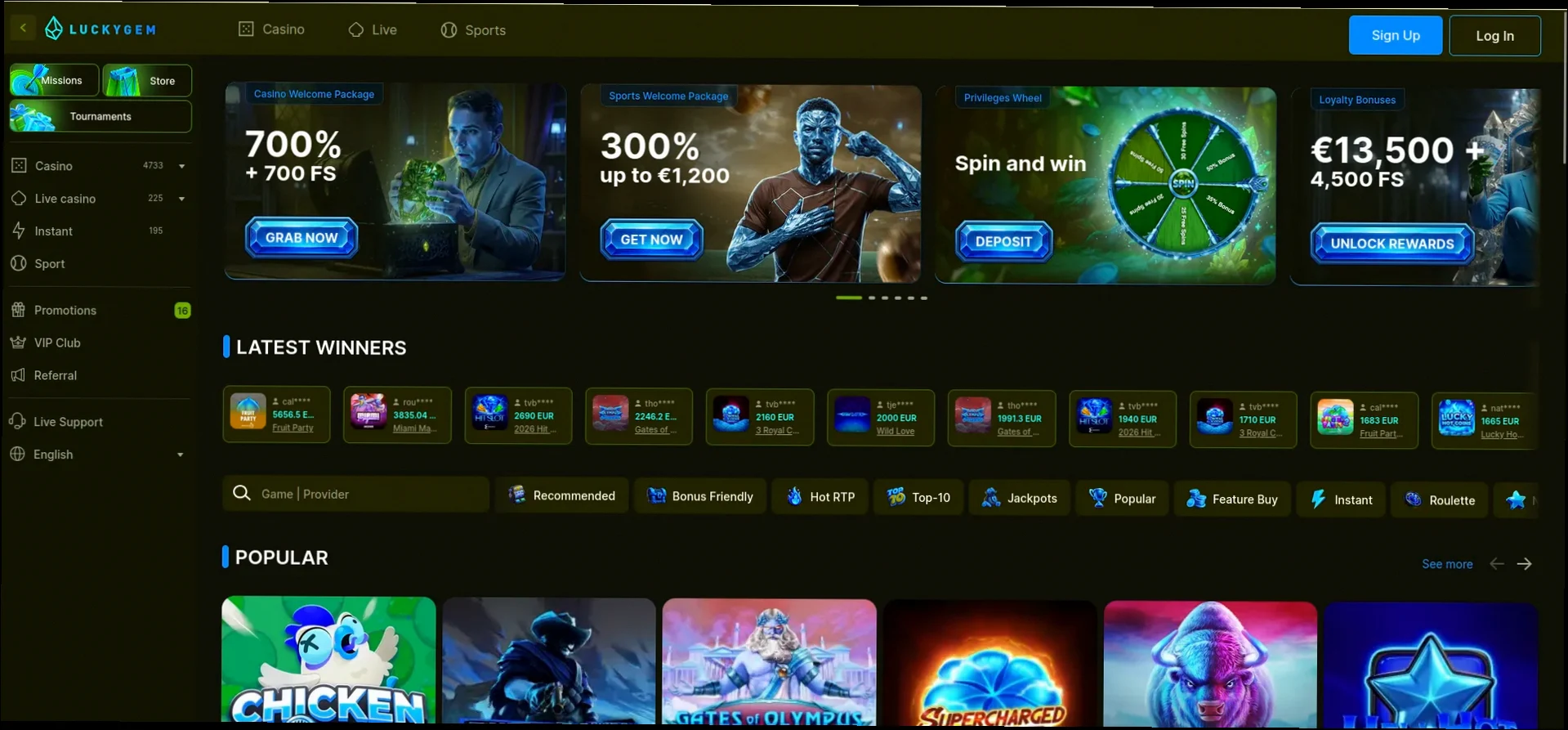 Luckygem Casino Tot €4.000 + 400 Gratis Spins